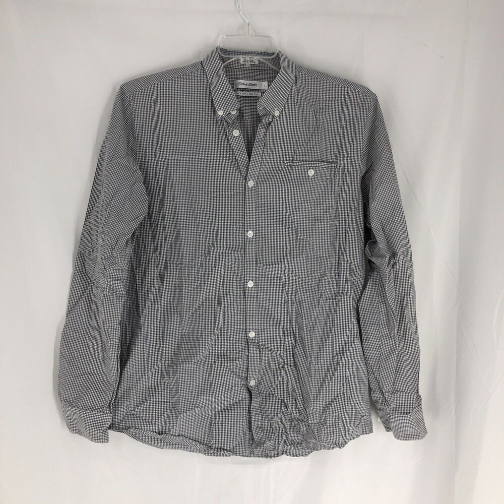 Calvin Klein Men's Gray Checkered Cool Tech Non Iron Dress Shirt Large